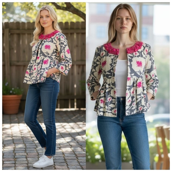 Nanette Lepore Floral Beaded Neck Peplum Blazer Sz 6 Barbie Pink Gray Coquette - Picture 1 of 16